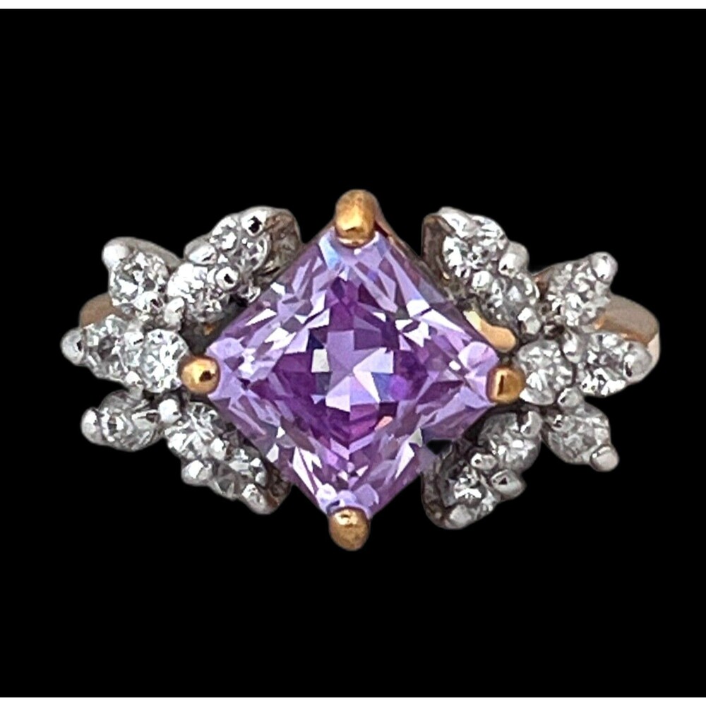 Vintage 1980s Lavender CZ Ring Size 9 Princess Cut 14KTGE Gold Plate - 14F